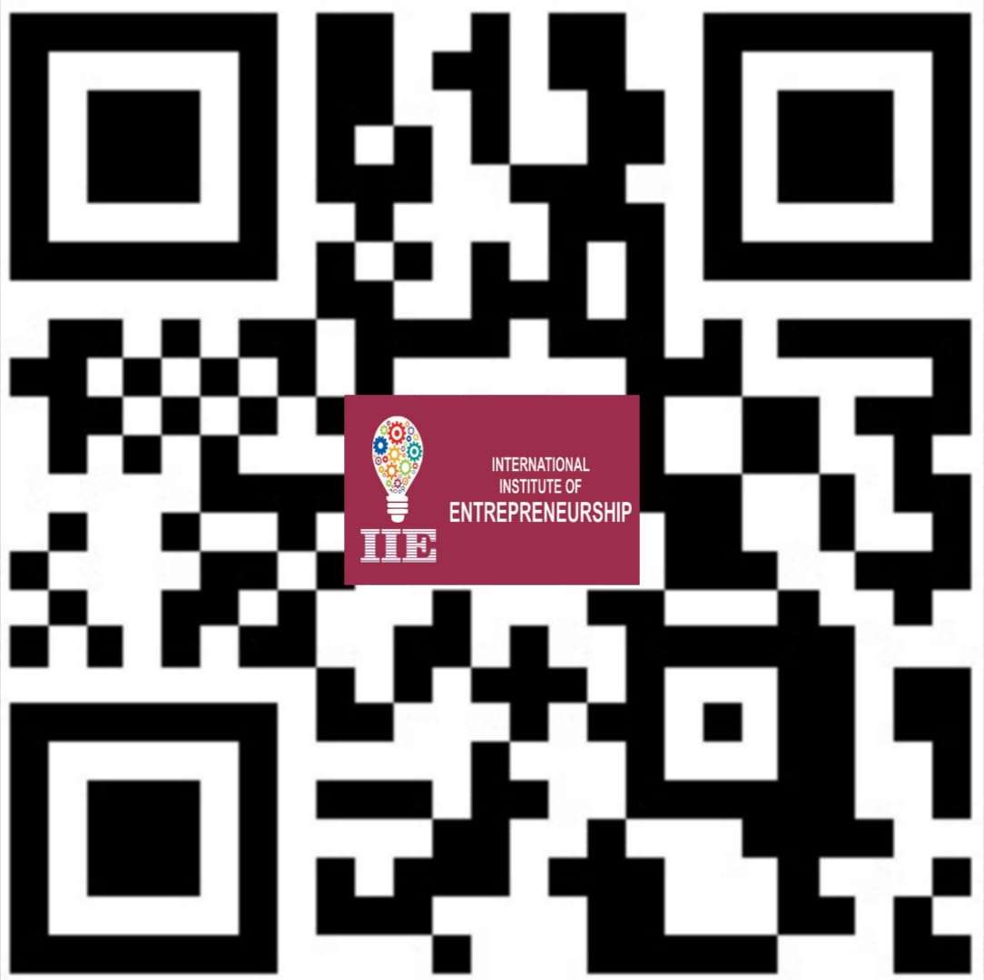 A black and white QR code featuring a maroon rectangular logo at its center that displays a stylized lightbulb filled with colorful gears next to the text "INTERNATIONAL INSTITUTE OF ENTREPRENEURSHIP" and the acronym "IIE".