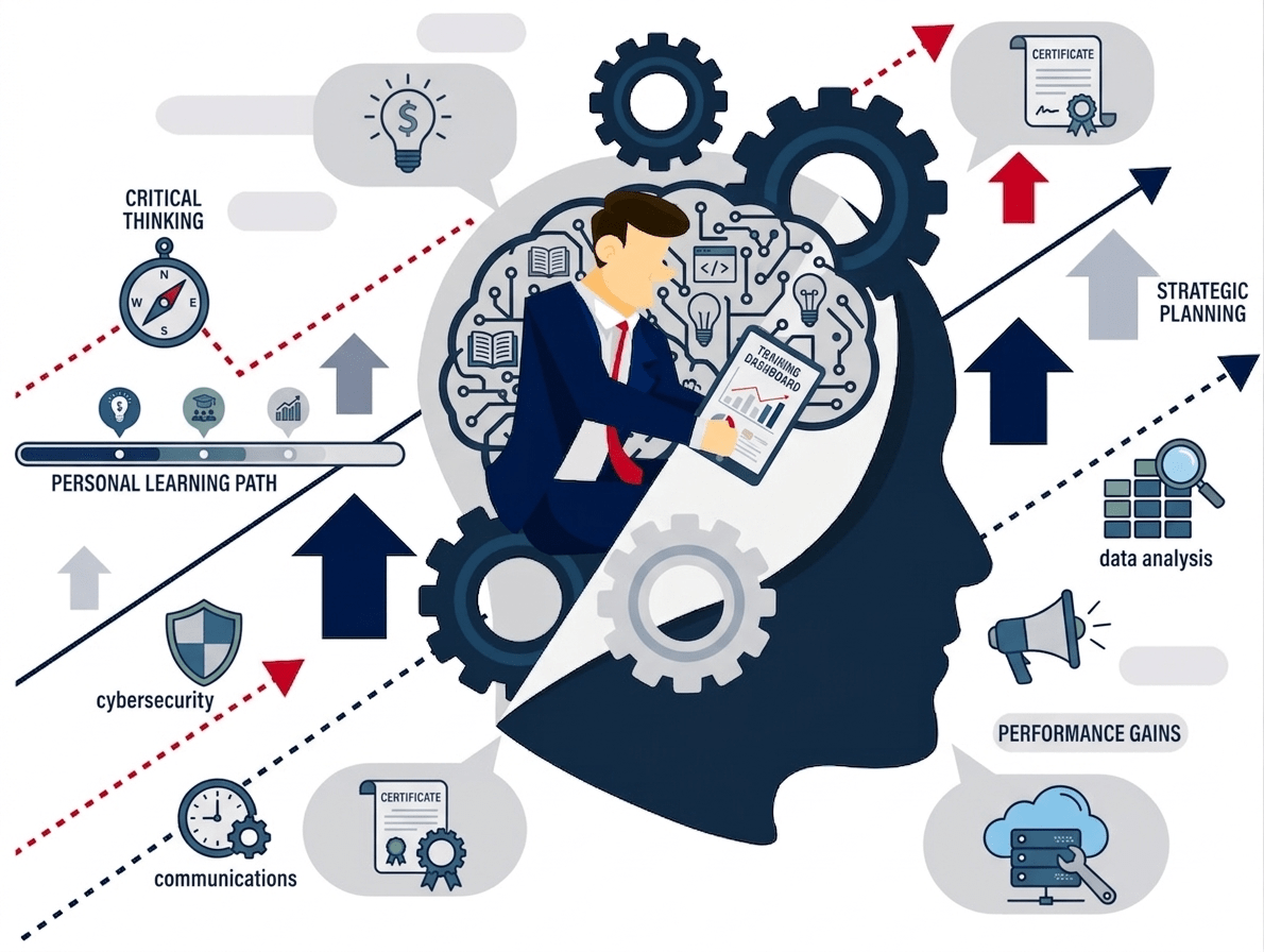 A conceptual business infographic showcasing professional development, featuring a large silhouette of a human head filled with gears and a brain pattern. Inside, a businessman interacts with a "Training Dashboard" tablet. The surrounding white background is filled with upward-trending charts, arrow markers, and labeled icons for skills like critical thinking, data analysis, cybersecurity, strategic planning, and communications.
