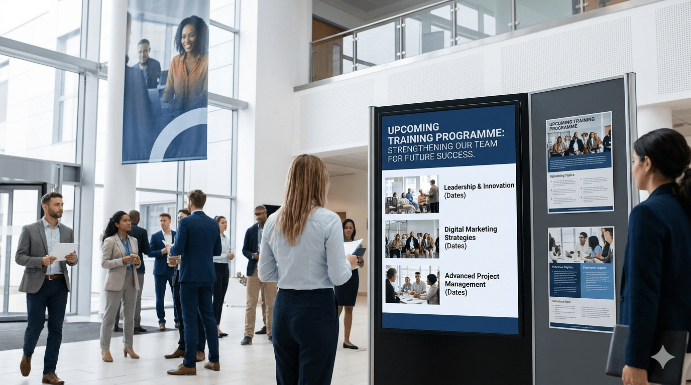A wide view inside a modern, multi-story office building lobby where corporate professionals are socializing near an informational display stand. A large digital screen displays text reading "UPCOMING TRAINING PROGRAMME: STRENGTHENING OUR TEAM FOR FUTURE SUCCESS," listing courses for Leadership & Innovation, Digital Marketing Strategies, and Advanced Project Management.