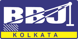 Logo of BBJ Construction featuring a dark blue rectangular background containing the bold white letters "BBJ" interwoven with stylized crane or cable stay bridge lines, sitting above a yellow rectangular bar at the bottom containing the word "KOLKATA" in blue text.