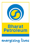 Corporate logo of Bharat Petroleum featuring a white upper square with a blue circular graphic enclosing a yellow yin-yang style oil droplet design, above a solid yellow rectangle containing the blue text "Bharat Petroleum", a thin blue horizontal bar, and the slogan "energising lives" written in cursive script at the bottom.
