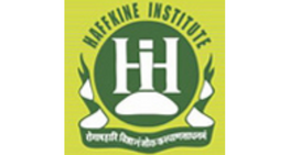 Logo of the Haffkine Institute featuring a circular green emblem enclosing a white stylized monogram of the letters "HI" over a flask silhouette, set on a yellowish-green background with the institute's name arched above and a Sanskrit motto banner below.