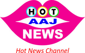 Logo of Hot Aaj News featuring a large pair of vibrant pink lips enclosing the word "HOT" inside three colorful circles, the word "AAJ" in blue, and the word "NEWS" in white, with the tagline "Hot News Channel" written in red below.