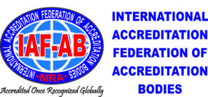 Logo of the International Accreditation Federation of Accreditation Bodies featuring an oval emblem with a blue grid globe and the bold red letters "IAF-AB", with the full name written out in large blue text to the right and the tagline "Accredited Once Recognized Globally" at the bottom.