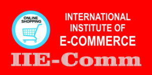 Logo of the International Institute of E-Commerce featuring a circular icon with a shopping cart and "ONLINE SHOPPING" text on a bright red background, next to the institution's name and a vertically striped "IIE-Comm" acronym below.