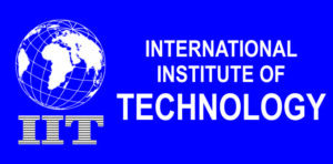 Logo of IIT Institute featuring a white line-art globe showing Africa, Europe, and Asia next to the stacked text "INTERNATIONAL INSTITUTE OF TECHNOLOGY", with a horizontally striped "IIT" acronym underneath the globe on a blue background.