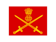 Insignia of the Indian Army featuring a bright red rectangular background with two crossed golden swords at the center, surmounted by the State Emblem of India (Ashoka Lion Capital) also in yellow-gold.