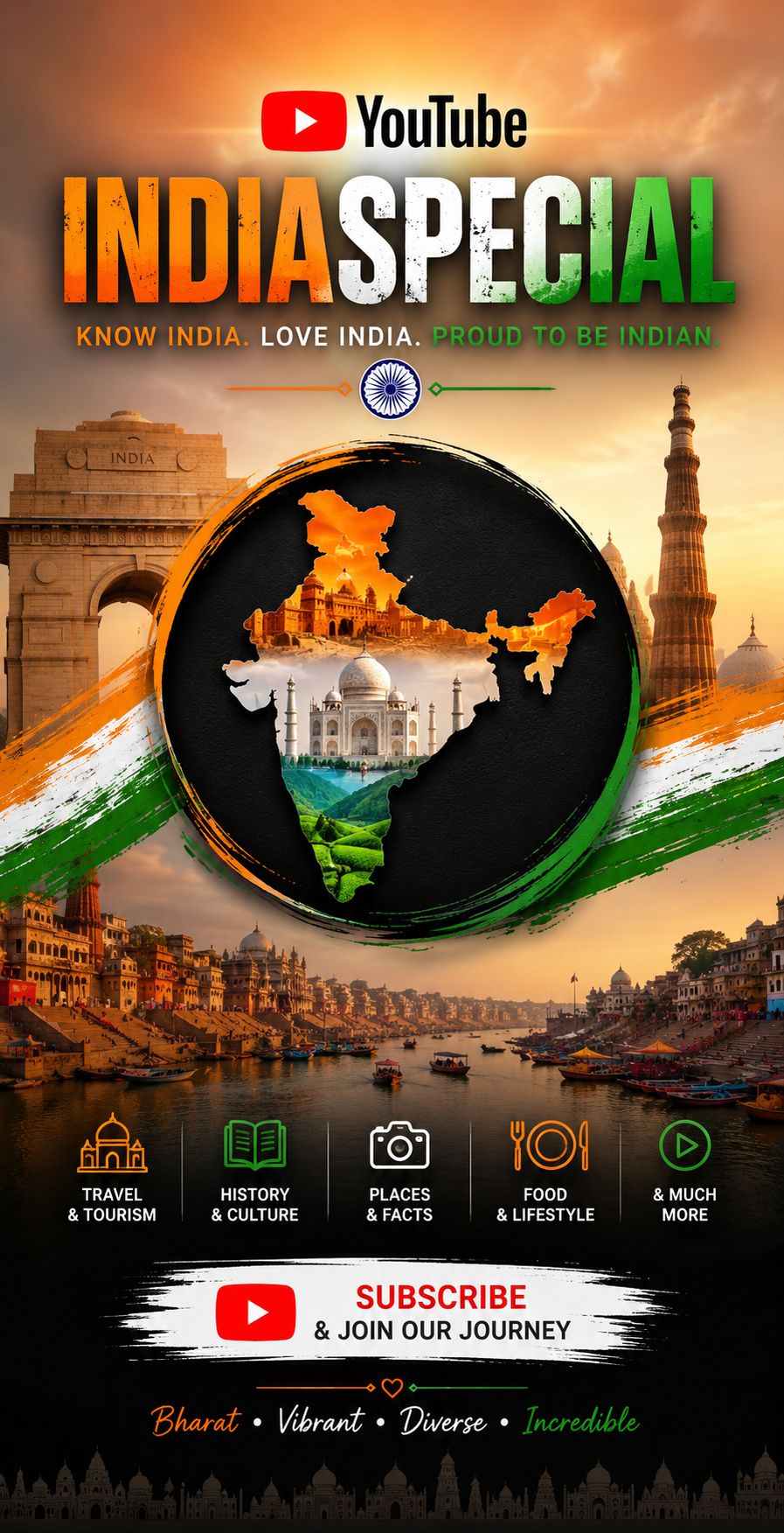 A promotional YouTube banner titled "INDIA SPECIAL" featuring the slogan "KNOW INDIA. LOVE INDIA. PROUD TO BE INDIAN." It highlights an Ashoka Chakra, a central tricolor-rimmed circular frame with a map of India enclosing landmarks like the Taj Mahal, and a background showing the India Gate and the Varanasi ghats.
