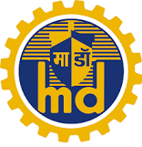 Circular logo of Mazagon Dock Shipbuilders Limited featuring a large golden gear wheel framing a dark blue central disc that contains the lowercase yellow letters "md", a split shield emblem, and the Devanagari text "मा डॉ".
