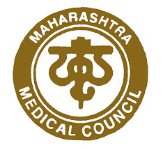Circular gold-brown seal of the Maharashtra Medical Council featuring a stylized Staff of Asclepius medical symbol at the center, framed by a thick border containing the white text "MAHARASHTRA MEDICAL COUNCIL".