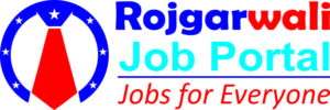 Logo of Rojgarwali Job Portal featuring a circular emblem with stars enclosing a red necktie icon, with the text "Rojgarwali Job Portal" and the tagline "Jobs for Everyone" written in red italics to the right.