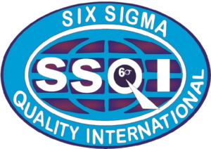 Logo of Six Sigma Quality International featuring an oval emblem with a stylized purple and blue globe grid behind the black acronym "SSQI", with the text "SIX SIGMA QUALITY INTERNATIONAL" wrapping around the border.