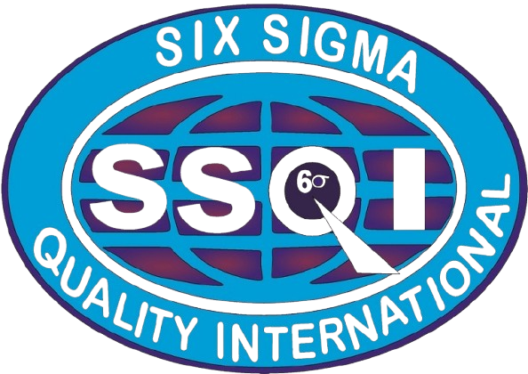 Oval-shaped corporate seal on a black background featuring a light blue outer border with the words "SIX SIGMA" on top and "QUALITY INTERNATIONAL" at the bottom, surrounding a central purple and blue grid globe with the bold acronym "SSQI" and a "6σ" symbol embedded in the letter Q.
