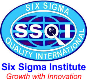 Logo of Six Sigma Institute featuring an oval emblem with a globe grid and the bold acronym "SSQI", surrounded by the text "SIX SIGMA QUALITY INTERNATIONAL" on a blue background, with the institute name and tagline "Growth with Innovation" written below.