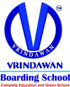 Logo of Vrindawan Boarding School featuring a large blue stylized letter 'V' enclosed in a circle, with the school's name and the tagline "Complete Education and Green School" written below.