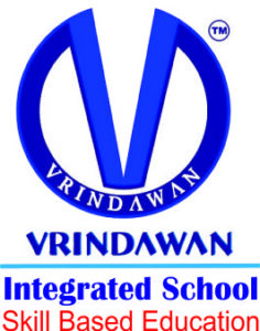 Logo of Vrindawan Integrated School featuring a large blue stylized letter 'V' enclosed in a circle, with the school's name and the tagline "Skill Based Education" written below.