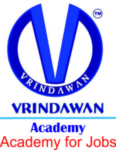 Logo of Vrindawan Academy featuring a large blue stylized letter 'V' enclosed in a circle, with the academy's name and the tagline "Academy for Jobs" written below.