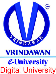 Logo of Vrindawan e-University featuring a large blue stylized letter 'V' enclosed in a circle, with the institution's name and the tagline "Digital University" written below.