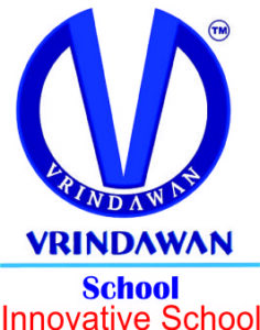 Logo of Vrindawan School featuring a large blue stylized letter 'V' enclosed in a circle, with the school's name and the tagline "Innovative School" written below.