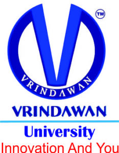 Official logo of Vrindawan University, featuring a large blue circular emblem containing a stylized letter "V" and the word "VRINDAWAN", followed by "University" in dark blue and the red tagline "Innovation And You" at the bottom.