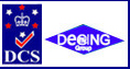Corporate certification graphic featuring a white rectangle framed in blue, containing a dark blue vertical box on the left with a crown, five stars, a checkmark, and the text "DCS", alongside a blue diamond on the right enclosing the white text "DEEING Group".