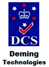Logo of Deming Technologies featuring a vertical dark blue rectangle with a white crown, red and white stars, a red checkmark, and the text "DCS" written in white, with the company name "Deming Technologies" printed below in dark grey text.