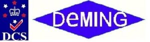 Logo featuring a dark blue vertical rectangle on the left containing a crown, stars, a checkmark, and the text "DCS", paired with a large blue diamond on the right displaying the word "DeMING" in white letters.