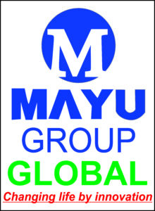 Logo of Mayu Group Global featuring a blue circular emblem with a white letter 'M' cutout, followed below by the text "MAYU GROUP GLOBAL" in blue and green, and the tagline "Changing life by innovation" in red italics.