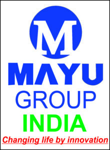 Logo of Mayu Group India featuring a blue circular emblem with a white letter 'M' cutout, followed below by the text "MAYU GROUP INDIA" in blue and green, and the tagline "Changing life by innovation" in red italics.