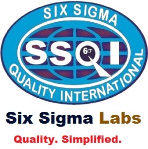 Logo of Six Sigma Labs featuring an oval emblem with a globe grid and the bold acronym "SSQI", surrounded by the text "SIX SIGMA QUALITY INTERNATIONAL" on a blue background, with the business name and tagline "Quality. Simplified." below.
