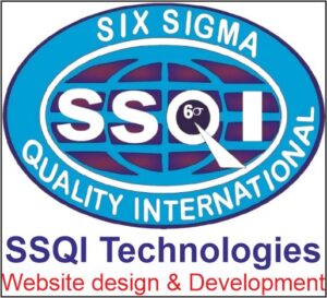 Logo of SSQI Technologies featuring an oval emblem with a globe grid and the bold acronym "SSQI", surrounded by the text "SIX SIGMA QUALITY INTERNATIONAL" on a blue background, with the business name and tagline "Website design & Development" below.