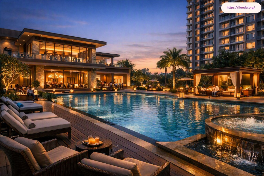 Luxurious residential development by Akshar Developers featuring a swimming pool, sun loungers, poolside cabanas, lit clubhouse, and a high-rise residential tower at dusk.