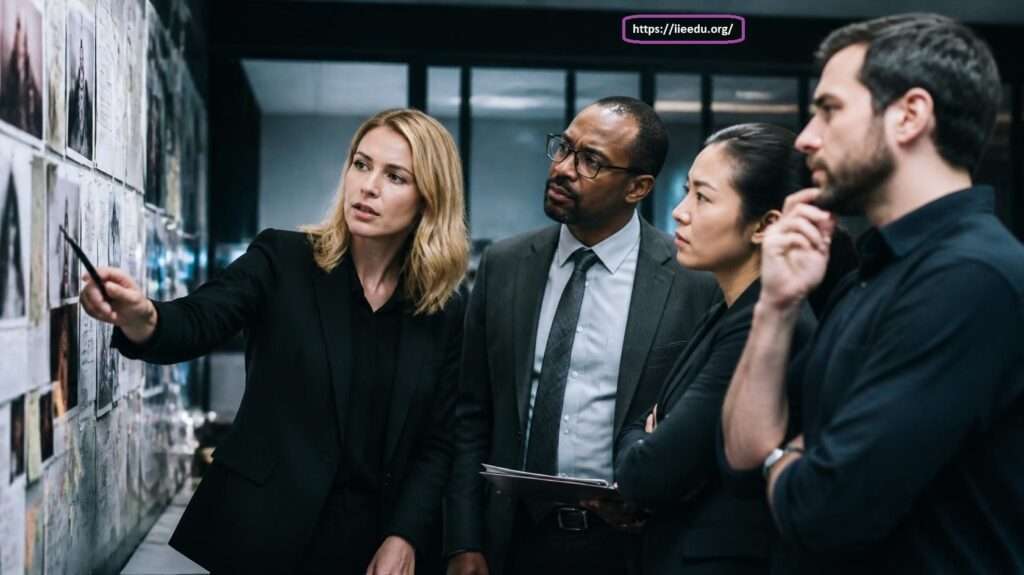 Investigation team at Alert Detective Force examining a wall board pinned with photos and case notes, featuring a female investigator gesturing with a pen while three colleagues analyze the evidence.