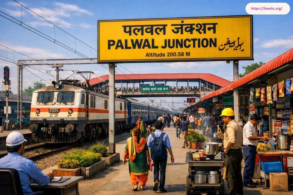 Platform view at Palwal Junction railway station featuring a large yellow station sign board, passengers walking along the platform, food stalls, and an electric locomotive stationed on the track alongside a foot overbridge.