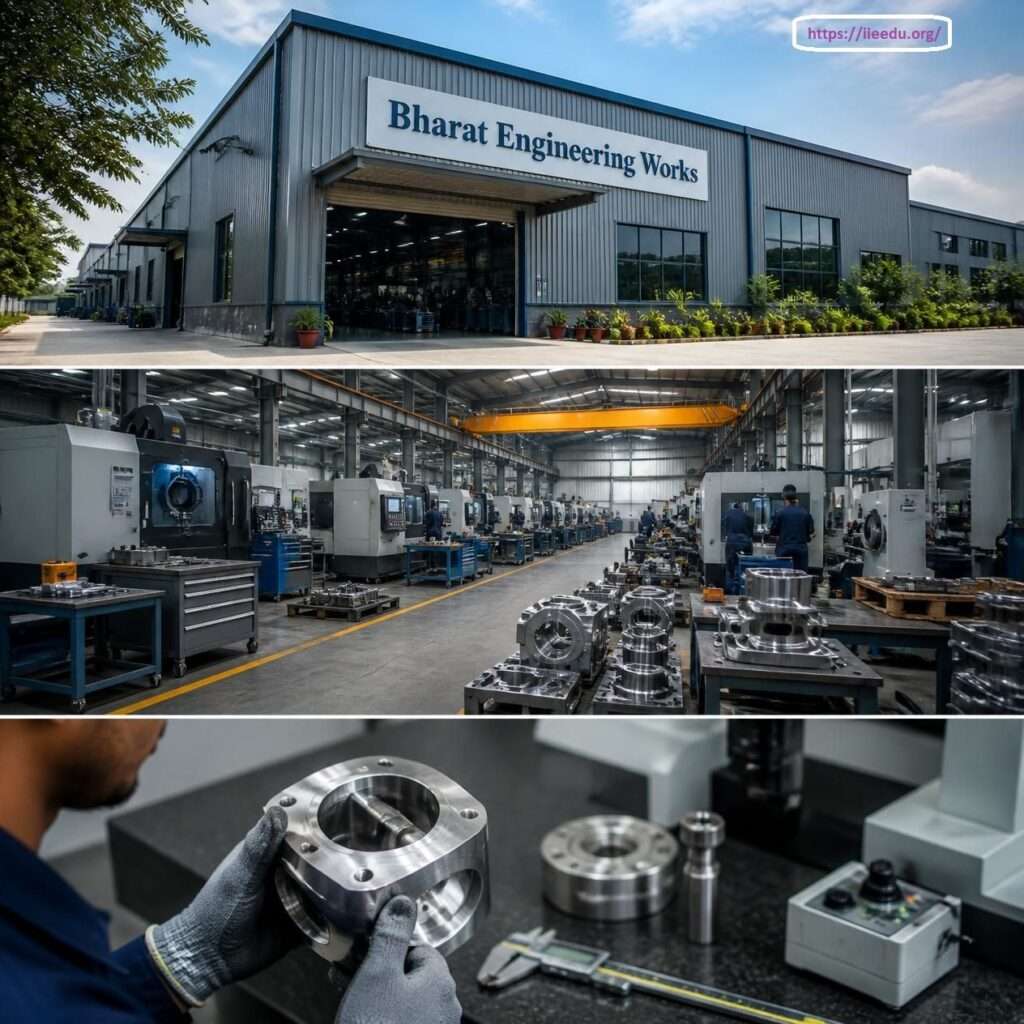 Three-panel collage of Bharat Engineering Works showing the exterior industrial warehouse building, a wide view of the indoor CNC machining floor, and a close-up of a gloved technician inspecting a precision-machined metal component.