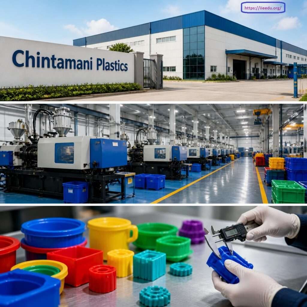 Three-panel collage showing Chintamani Plastics featuring the external corporate factory building and entrance gate, a wide interior view of the automated plastic injection molding shop floor, and a close-up of a technician using a digital vernier caliper to inspect molded plastic parts.