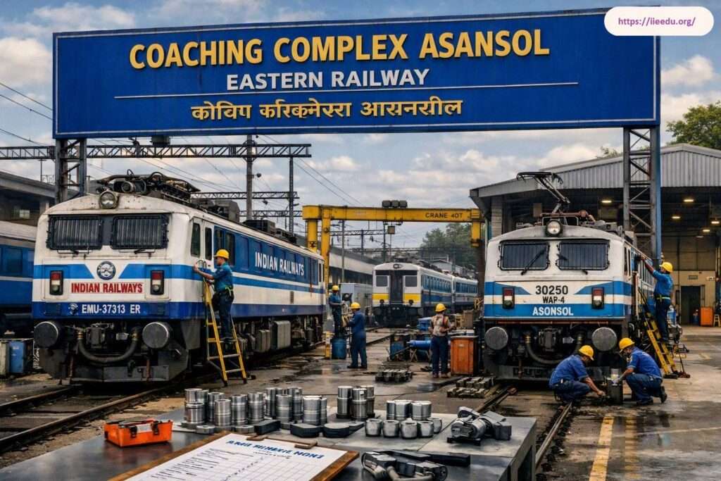 Railway maintenance yard at Coaching Complex Asansol, Eastern Railway showing technicians servicing electric locomotives and passenger trains under overhead signage, with tools and components arranged in the foreground.