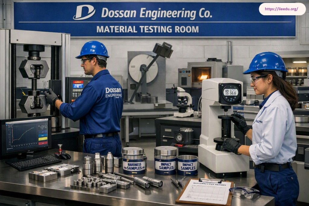 Material testing laboratory interior at Dossan Engineering Co. showing two technicians in blue hard hats and safety gear conducting tensile strength and digital hardness testing on metal samples near a workbench with test reports.