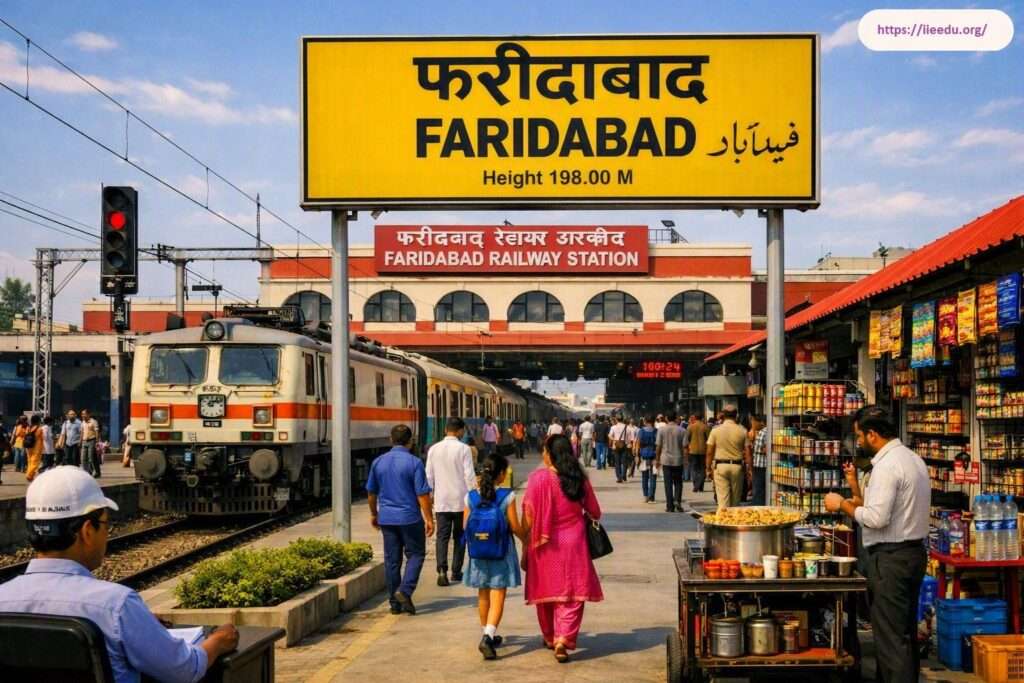 Platform view at Faridabad Railway Station featuring a prominent yellow sign board displaying the station name and height, passengers walking along the platform, food vendors, and a white electric locomotive parked on the adjacent track.