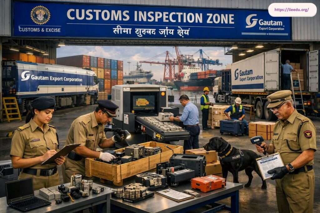 Customs inspection area at Gautam Export Corporation featuring uniformed customs officers reviewing shipping documents, scanning wooden crates with handheld devices, and checking cargo next to an X-ray scanner, sniffer dog, and branded export trucks at a port terminal.