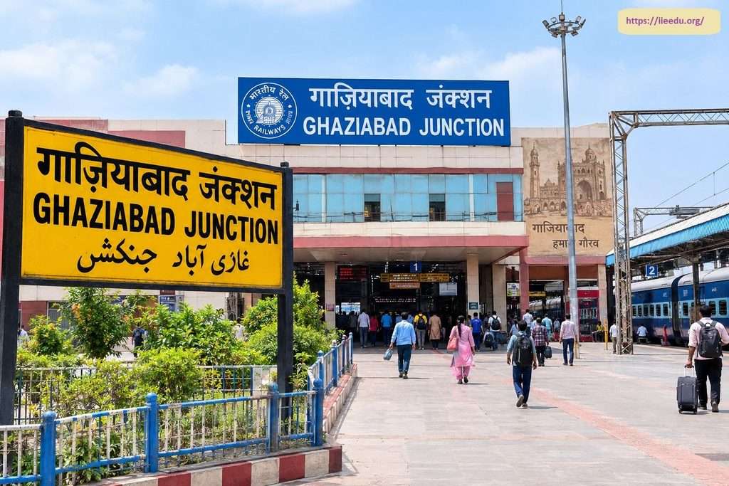 Exterior entrance view of Ghaziabad Junction railway station featuring a large yellow platform signboard in the foreground, passengers walking along the wide concourse, and the main station building facade with blue Indian Railways branding.