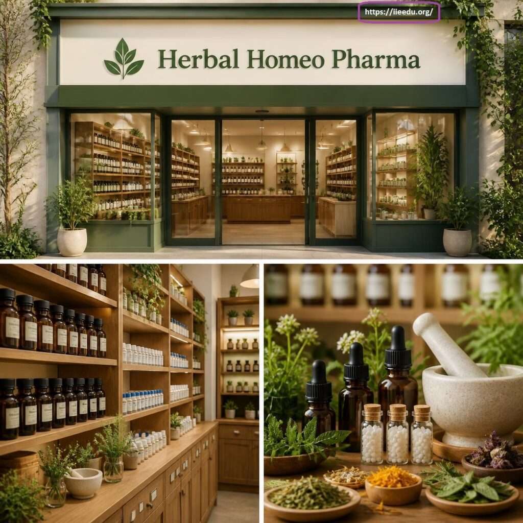 Three-panel collage showing Herbal Homeo Pharma featuring a green exterior storefront, organized wooden pharmacy shelves lined with tincture bottles, and a close-up of homeopathic remedies, herbal ingredients, dropper bottles, and a stone mortar and pestle.