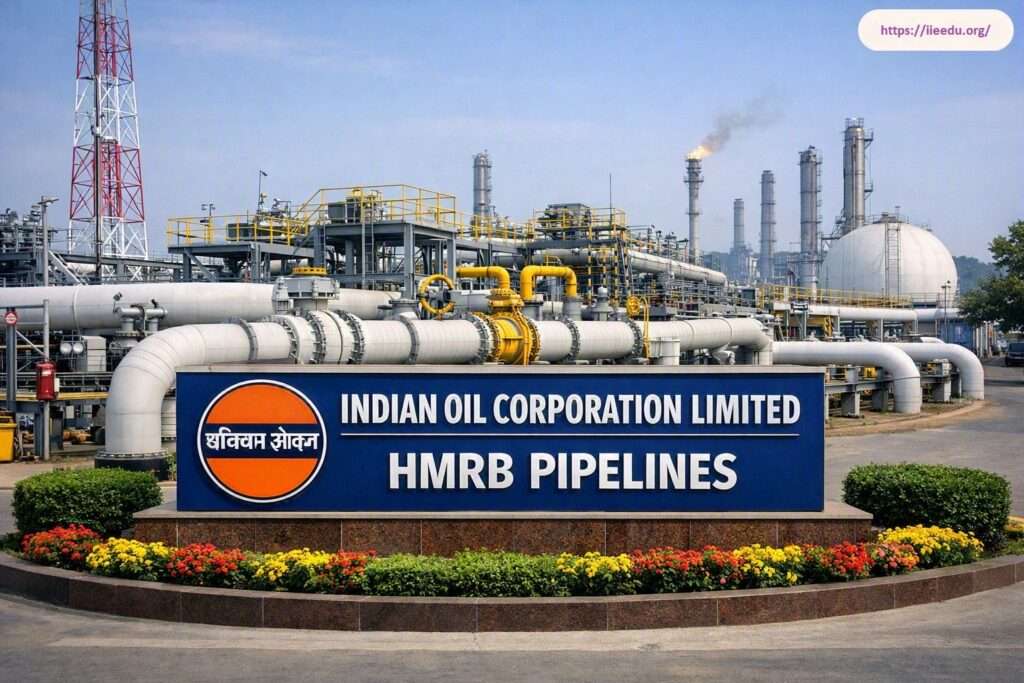 Industrial complex view of Indian Oil Corporation Limited HMRB Pipelines facility showing large pipeline infrastructure, storage tanks, and distillation towers behind a blue corporate entrance sign set in a flowerbed garden.