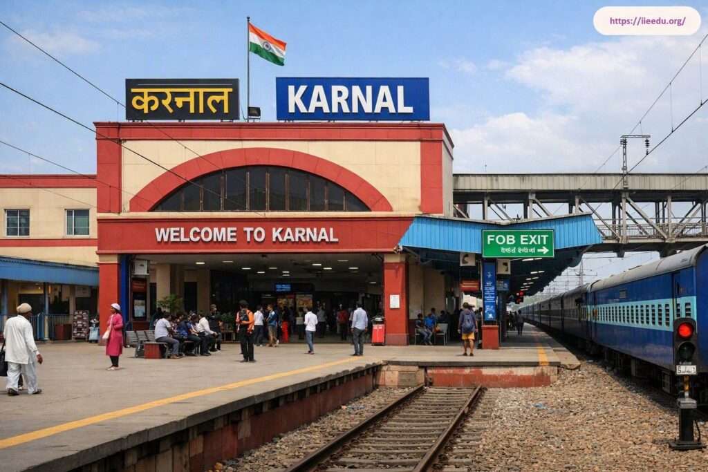 Platform exterior of Karnal Railway Station featuring red and cream main building architecture, official bilingual signage, an Indian flag, passengers on the platform, and a blue passenger train stopped on the adjacent track.