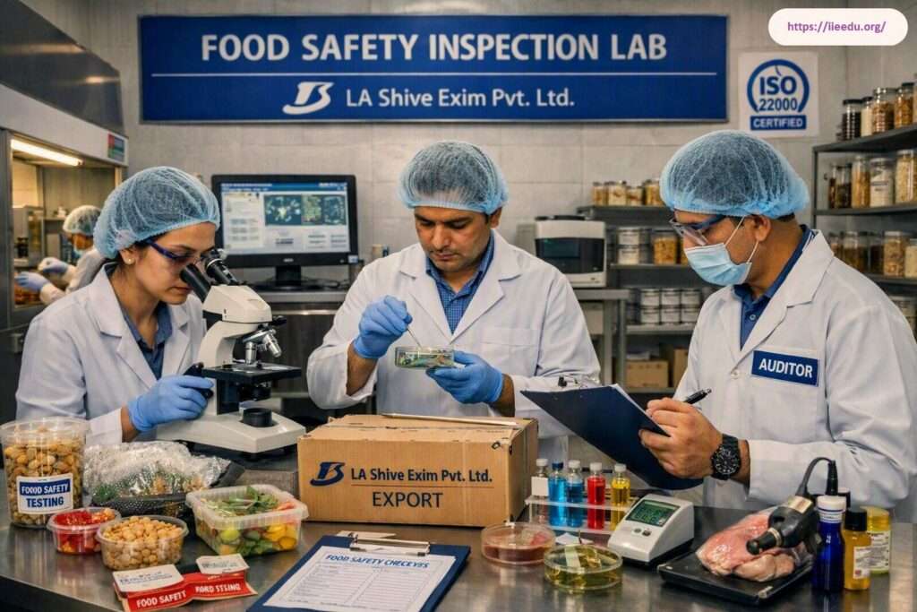 Food safety inspection laboratory at LA Shive Exim Pvt. Ltd. showing technicians in lab coats, hairnets, and gloves examining food samples using a microscope, petri dishes, and clipboards under ISO 22000 certified signage.