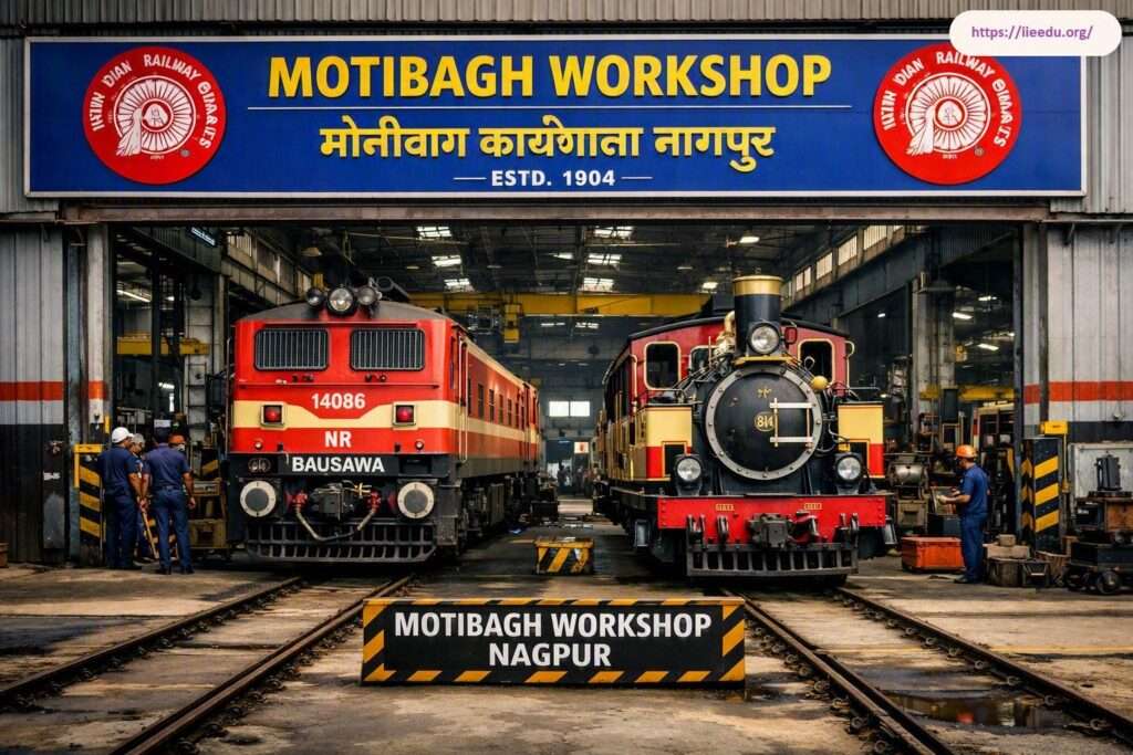 Industrial interior view of Motibagh Workshop Nagpur showing a red electric locomotive and a vintage steam engine stationary on track bays while technicians perform maintenance under prominent facility signage.