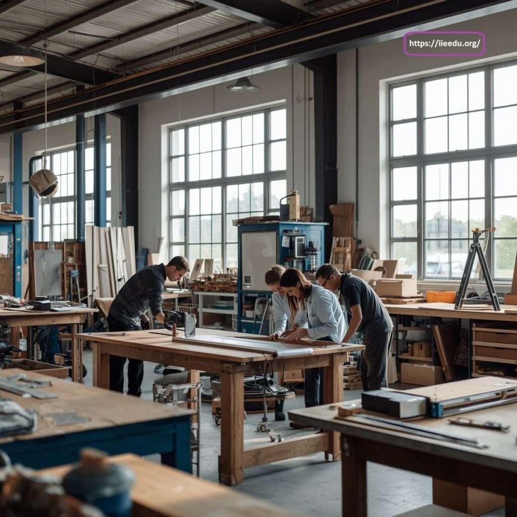 Spacious industrial fabrication workshop interior at Ostrom Aluminium with large grid windows, high ceilings, wooden workbenches, and workers examining aluminum framing and design blueprints.