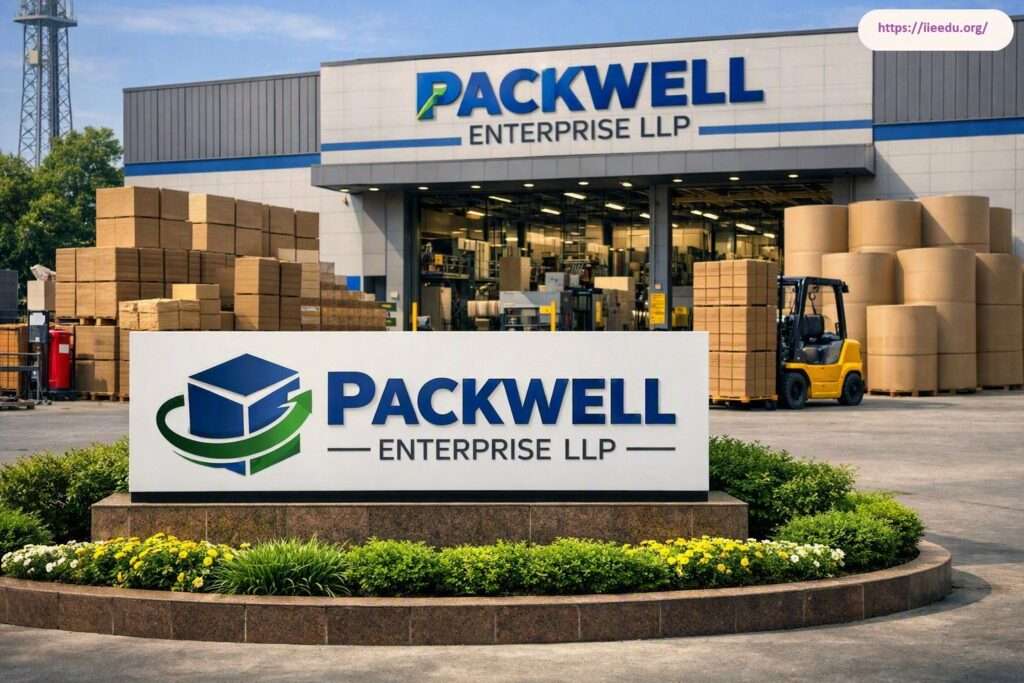 Exterior view of Packwell Enterprise LLP facility showing stacked cardboard boxes, large paper rolls, a forklift, and prominent corporate entrance signage set in a manicured floral garden bed.