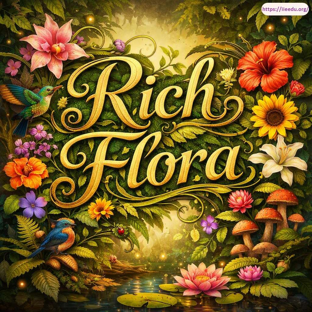 Vibrant botanical illustration with ornate gold typography reading "Rich Flora," framed by colorful flowers, tropical leaves, small birds, water lilies, and wild mushrooms.