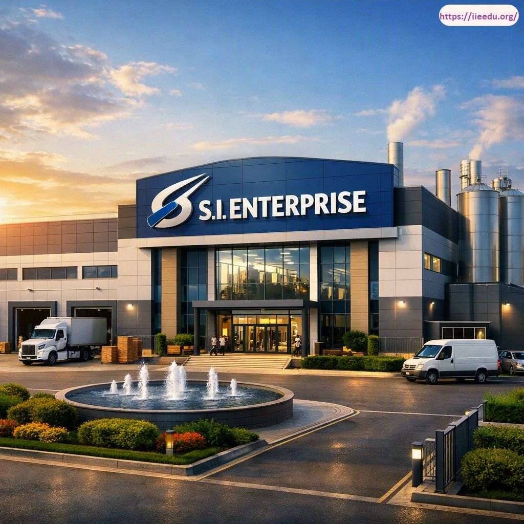 Exterior view of the modern S.I. Enterprise industrial facility featuring large blue branding signage, glass-front entrance, loading dock with delivery vehicles, industrial silos, and a circular water fountain in the foreground.